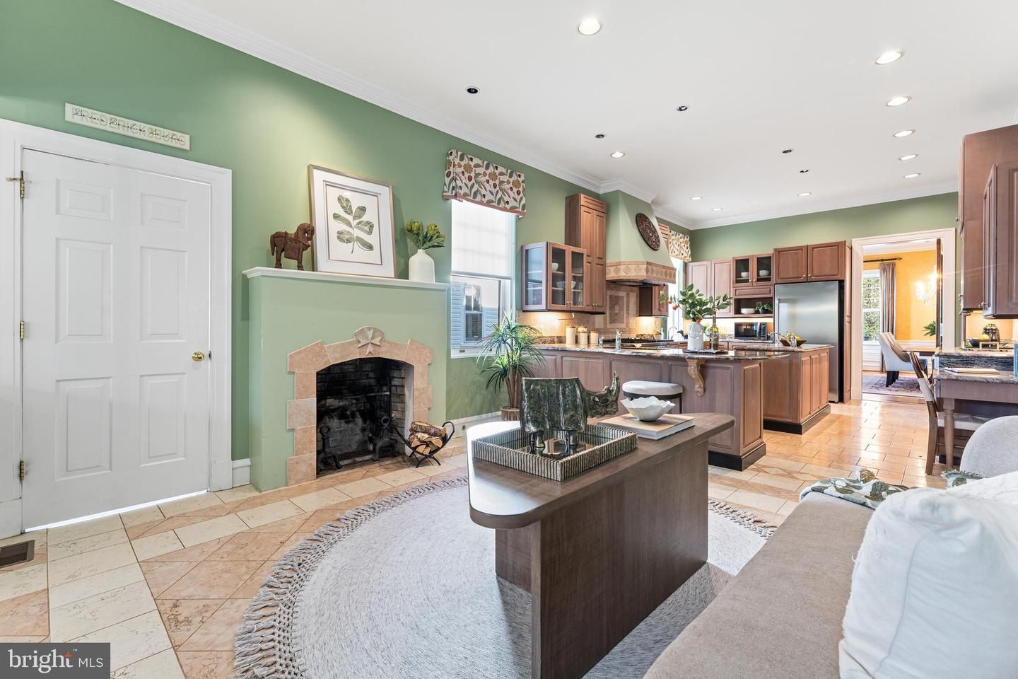 Dining room, Fireplace, Interior, Kitchen, Living room, Recessed Lighting, Stainless Steel Appliances