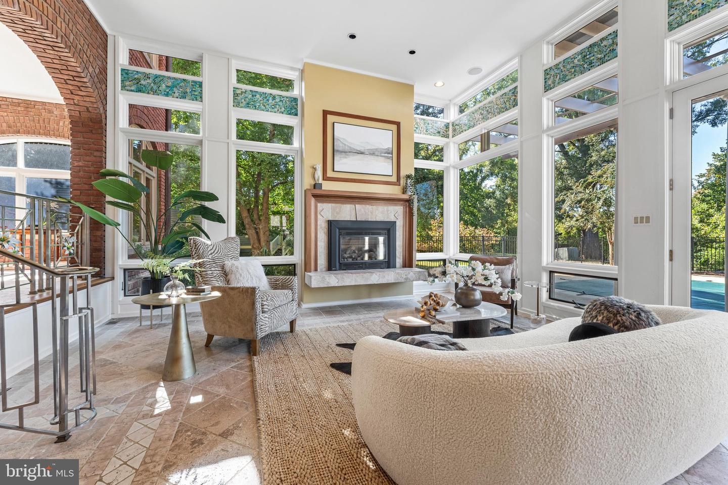 Fireplace, Interior, Living room, Recessed Lighting, Sun Room