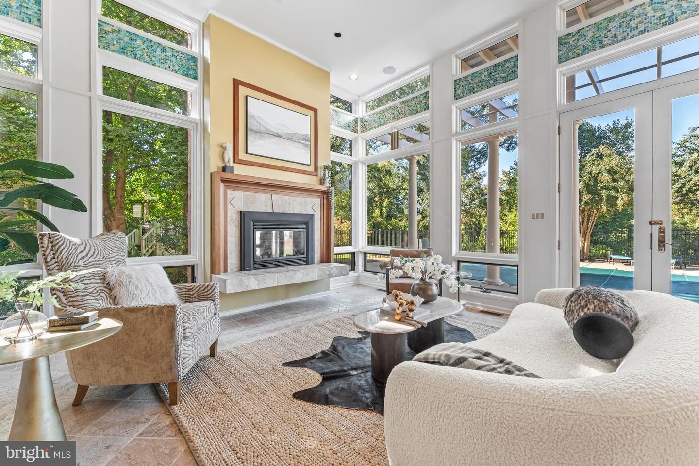 Fireplace, Interior, Living room, Recessed Lighting, Sun Room