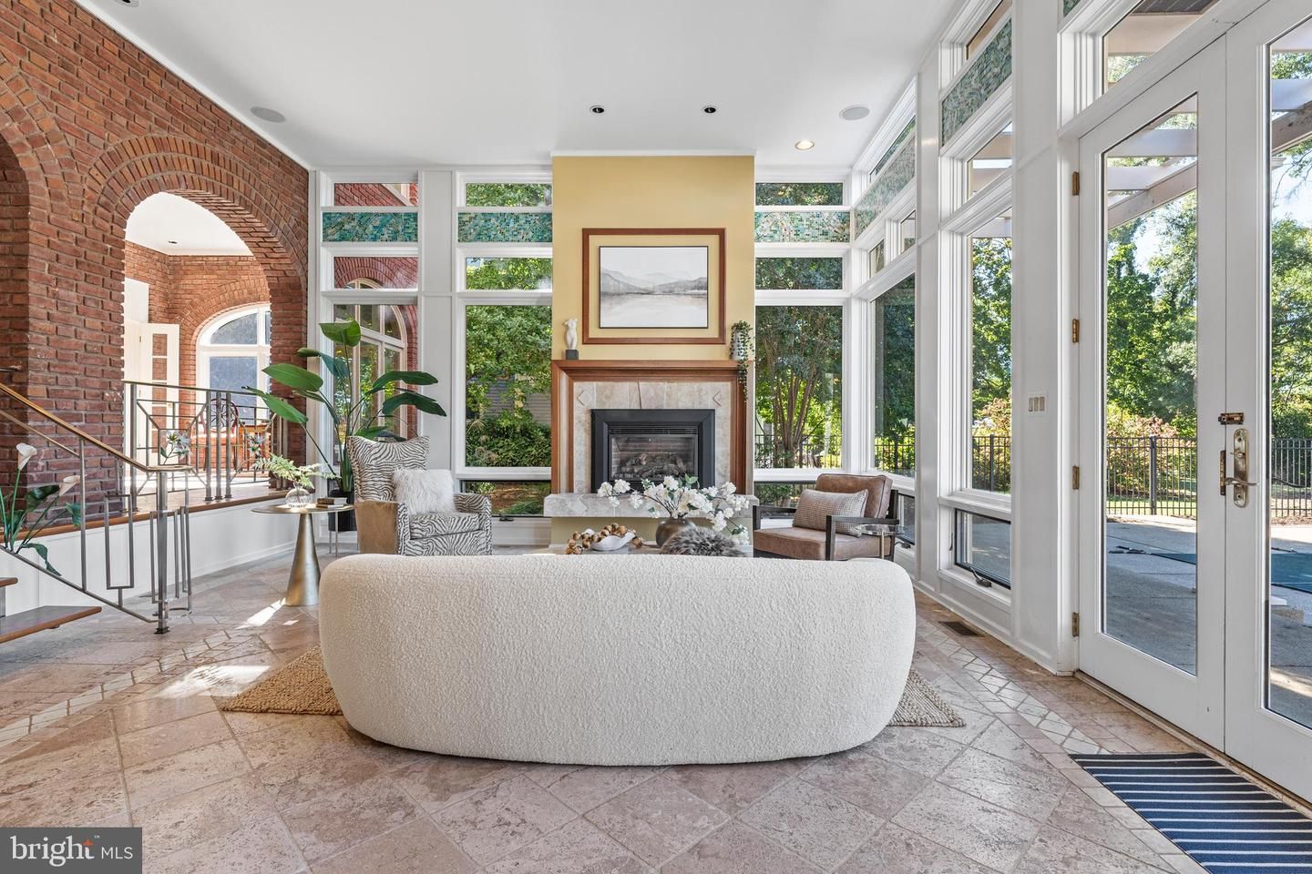 Fireplace, Interior, Living room, Recessed Lighting, Stone Walls