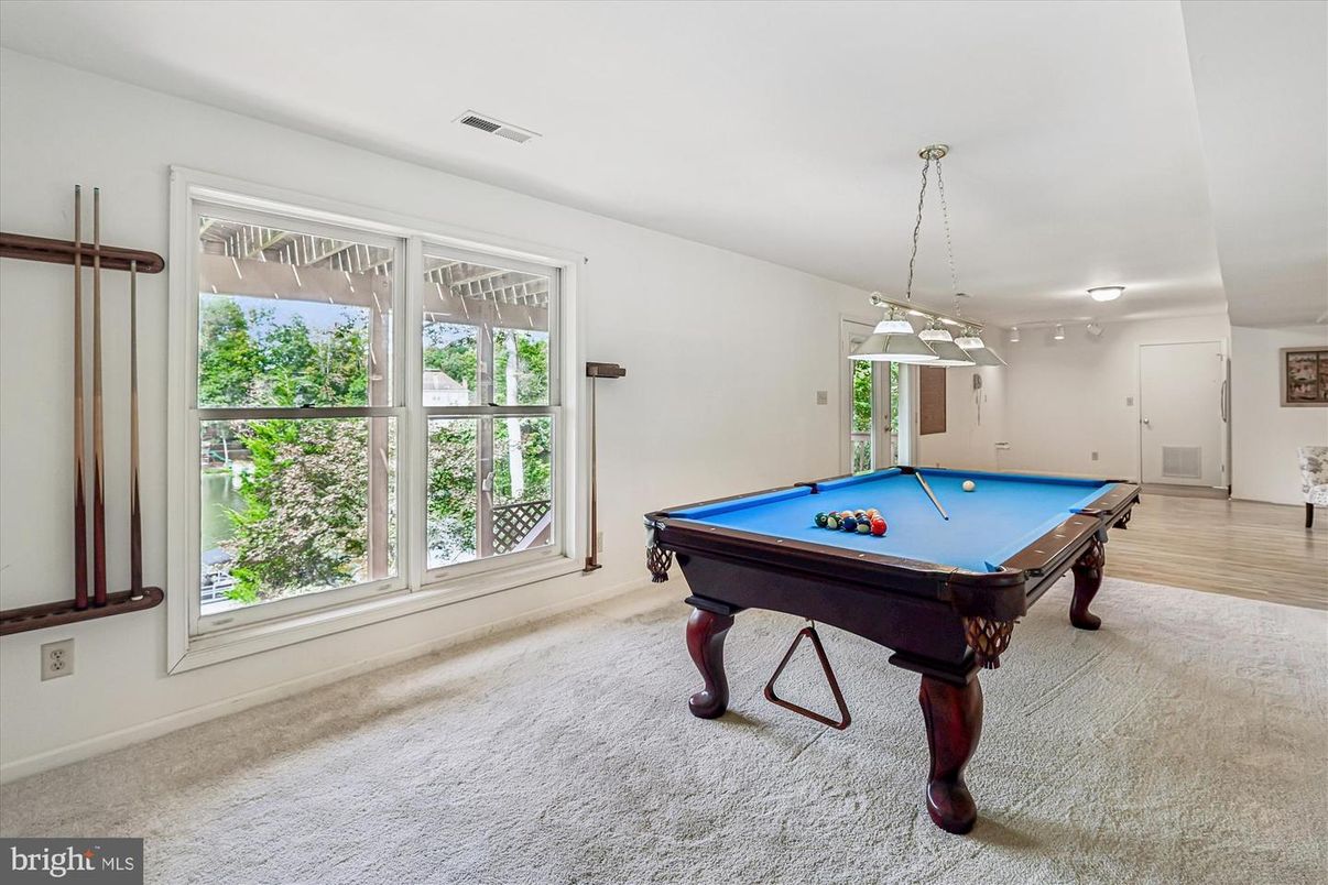 Billiard Table, Chandelier, Game Room, Interior, Pendant Lights, Wood Texture Flooring