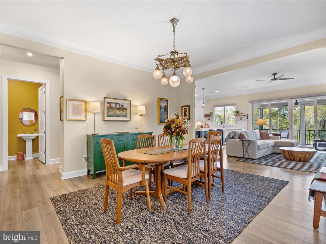 Dining room, Interior, Living room, Pendant Lights, Recessed Lighting, Wood Texture Flooring