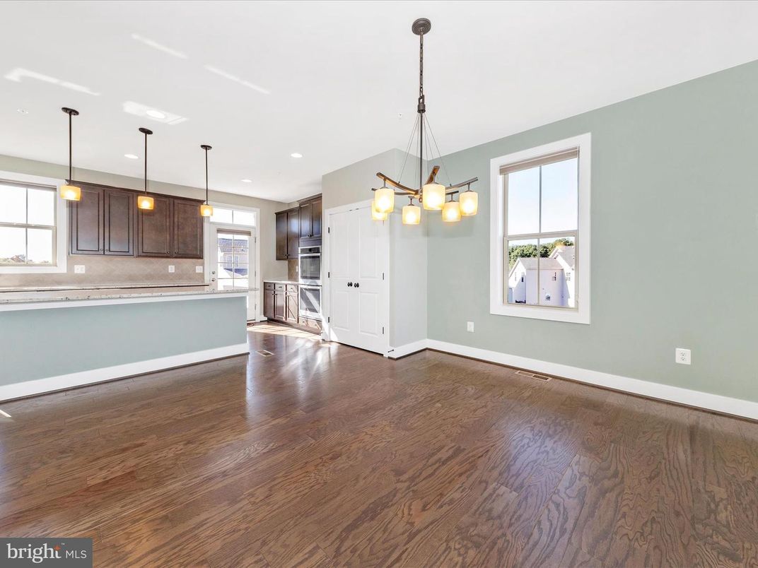 Empty room, Interior, Kitchen, Pendant Lights, Recessed Lighting, Wood Texture Flooring