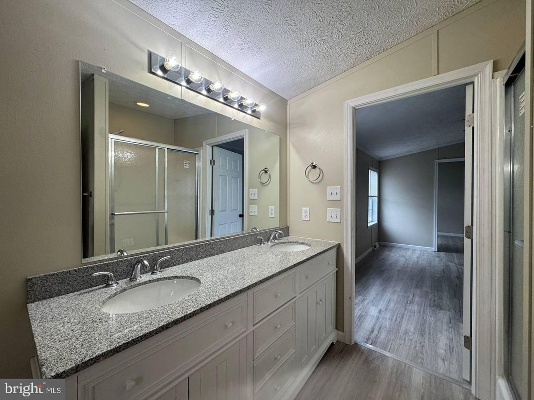 Bathroom, Dual Sink Vanities, Glass Shower, Interior, Wood Texture Flooring
