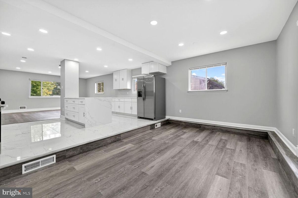 Interior, Kitchen, Marble, Recessed Lighting, Wood Texture Flooring