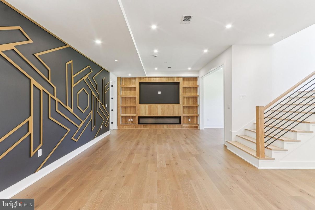 Empty room, Fireplace, Interior, Recessed Lighting, Wood Texture Flooring, Wooden Walls