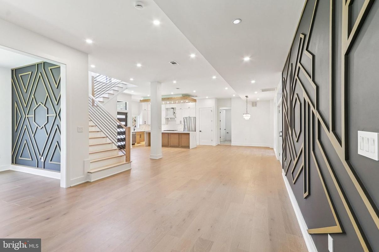 Empty room, Interior, Kitchen, Pendant Lights, Recessed Lighting, Wood Texture Flooring