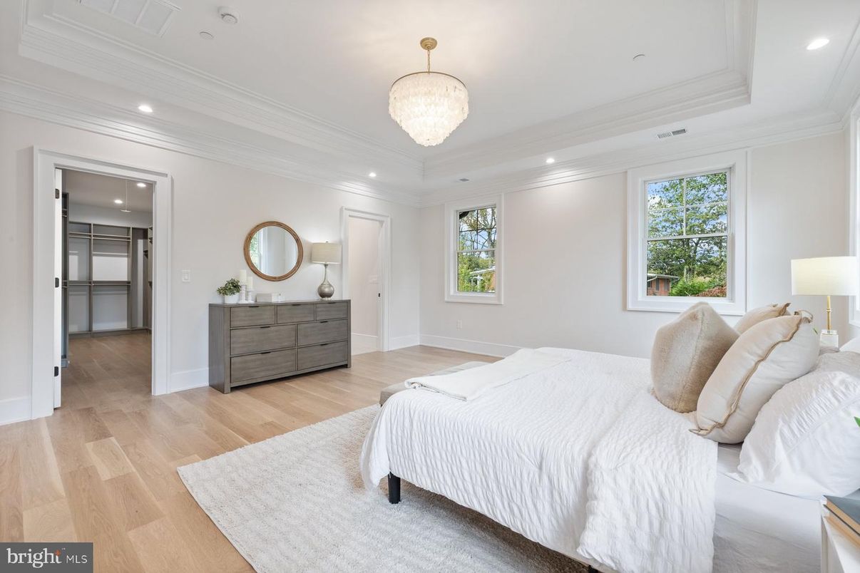 Bedroom, Chandelier, Interior, Recessed Lighting, Wood Texture Flooring