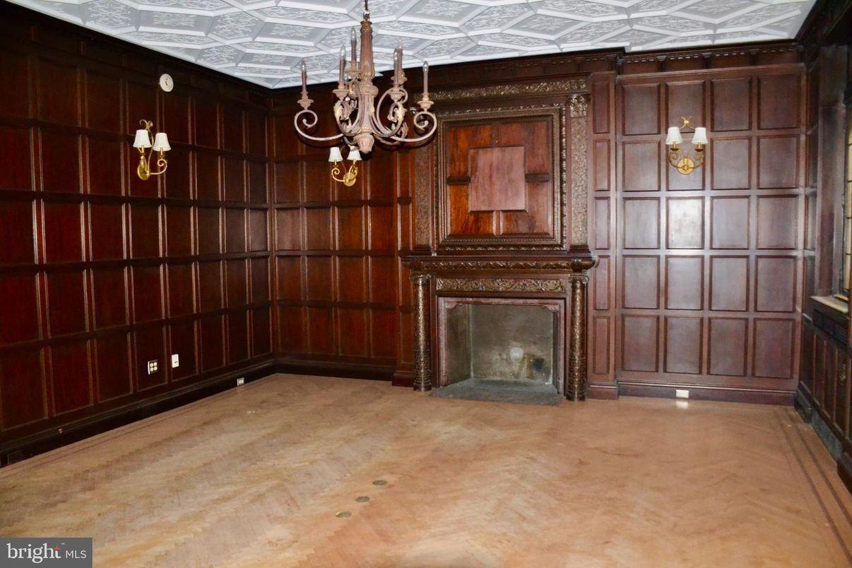 Chandelier, Empty room, Fireplace, Interior, Wooden Walls