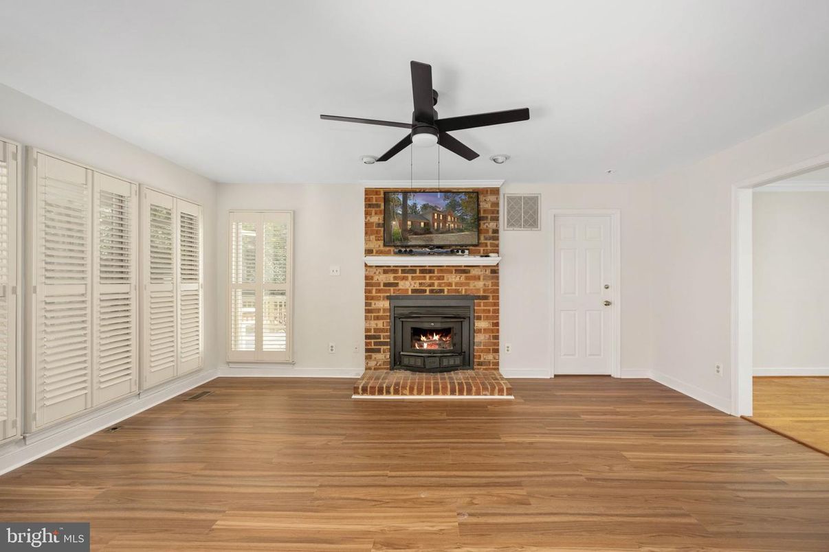 Empty room, Fireplace, Interior, Stone Walls, Wood Texture Flooring