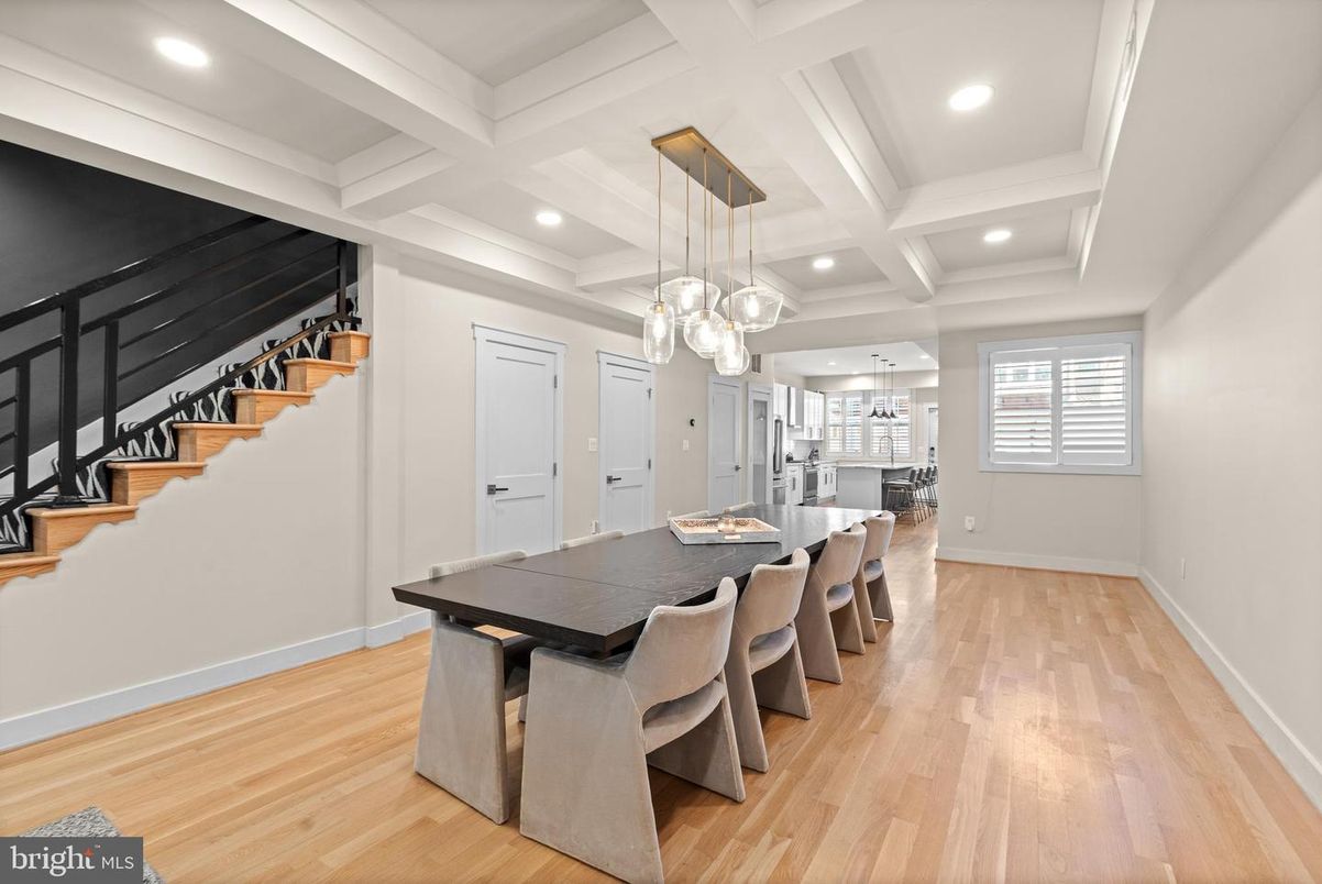 Dining room, Interior, Pendant Lights, Recessed Lighting, Wood Texture Flooring