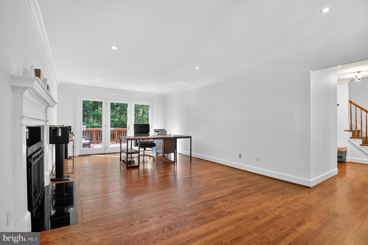 Fireplace, Home Office, Interior, Recessed Lighting, Wood Texture Flooring