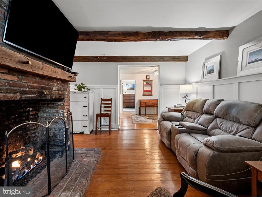 Fireplace, Interior, Living room, Stone Walls, Wooden Beams, Wood Texture Flooring
