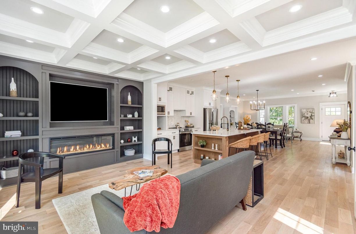 Dining room, Fireplace, Interior, Kitchen, Living room, Pendant Lights, Recessed Lighting, Stainless Steel Appliances, Wood Texture Flooring