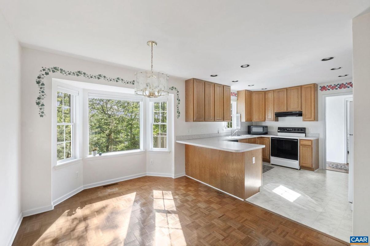 Chandelier, Interior, Kitchen, Recessed Lighting, Wood Texture Flooring