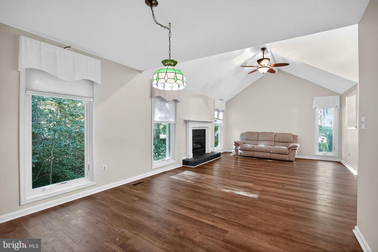 Empty room, Fireplace, Interior, Pendant Lights, Wood Texture Flooring
