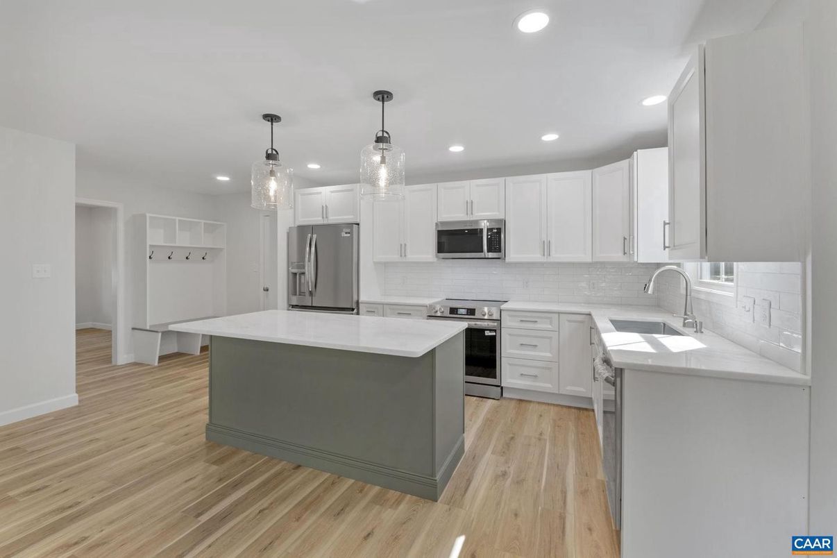 Interior, Kitchen, Pendant Lights, Recessed Lighting, Stainless Steel Appliances, Wood Texture Flooring