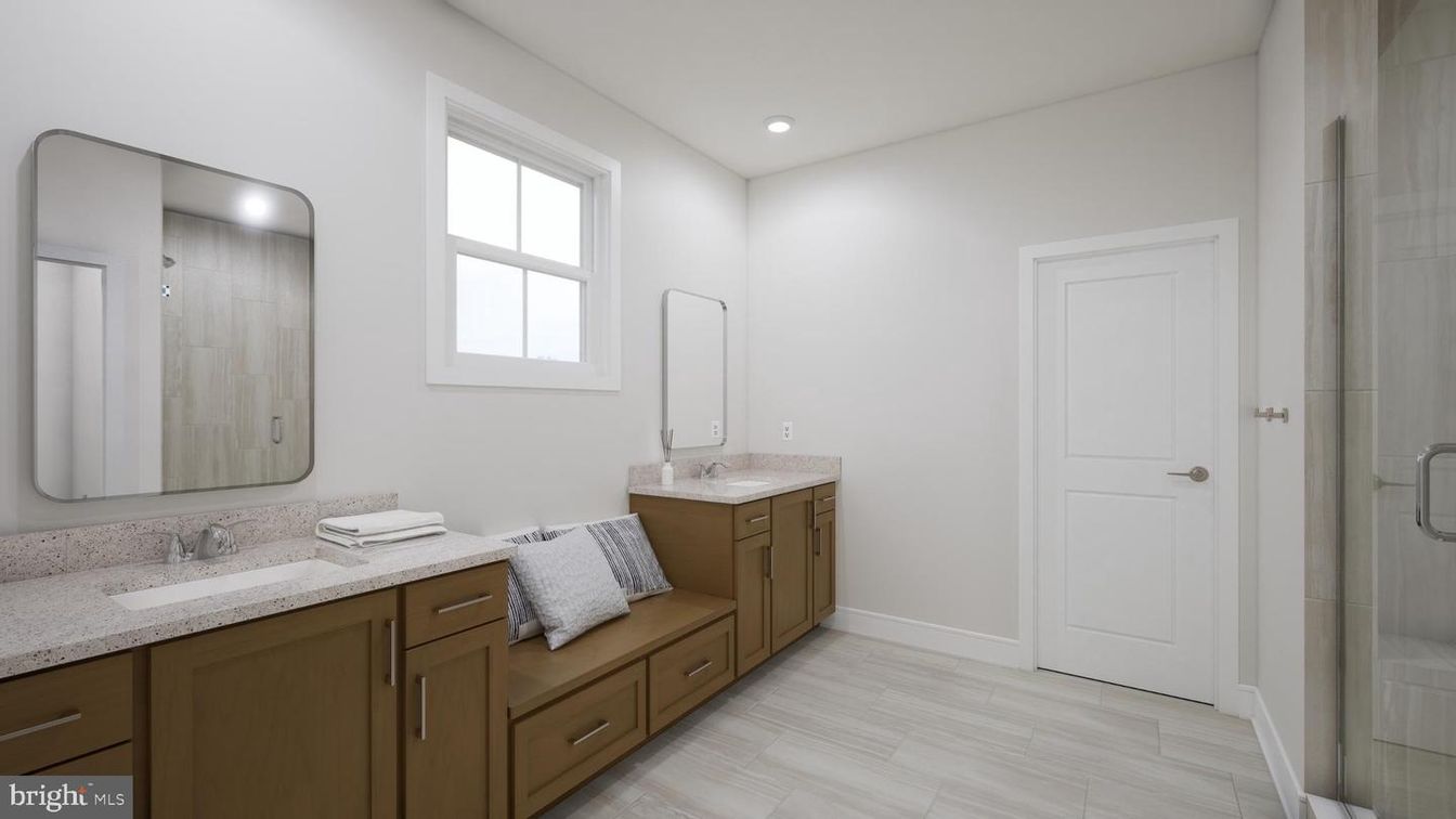 Bathroom, Dual Sink Vanities, Glass Shower, Interior, Recessed Lighting, Wood Texture Flooring