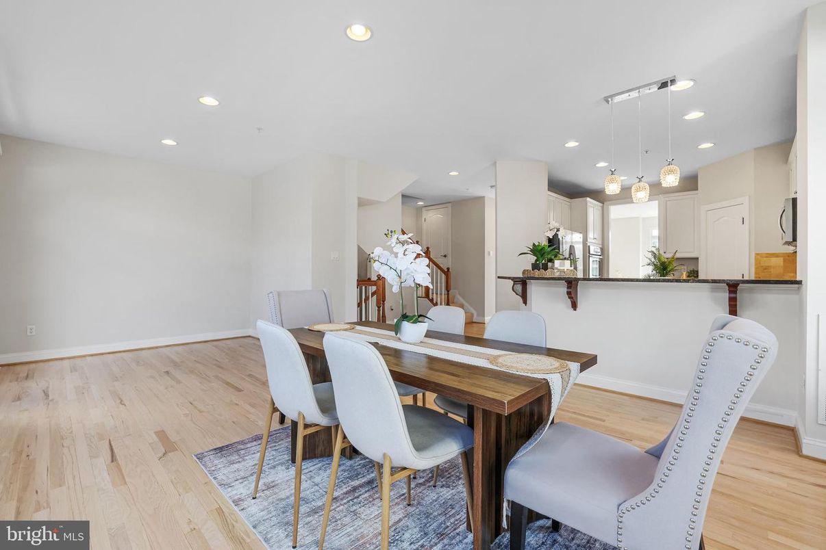 Dining room, Interior, Pendant Lights, Recessed Lighting, Wood Texture Flooring