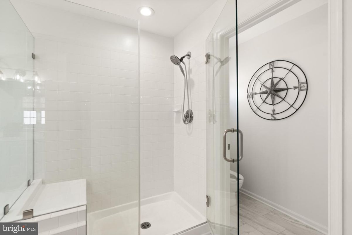 Bathroom, Glass Shower, Interior, Recessed Lighting, Wood Texture Flooring