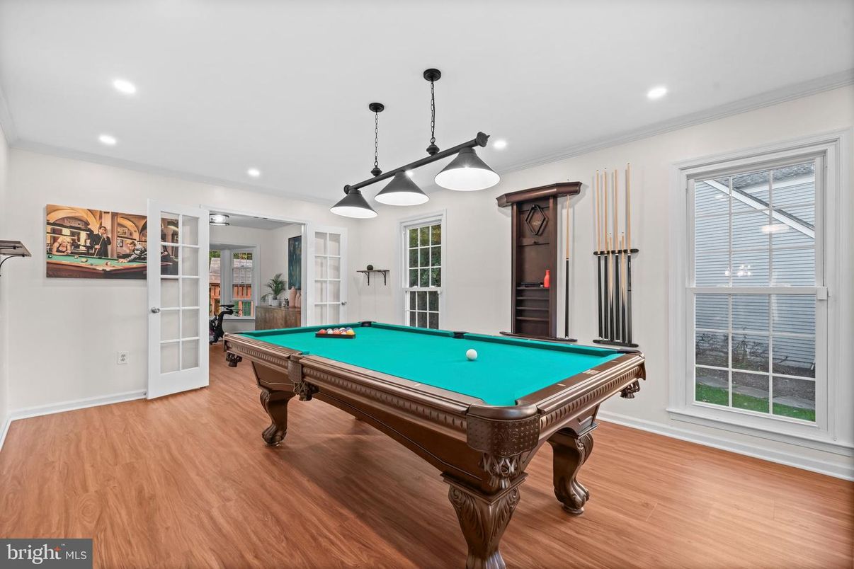 Billiard Table, Game Room, Interior, Pendant Lights, Recessed Lighting, Wood Texture Flooring