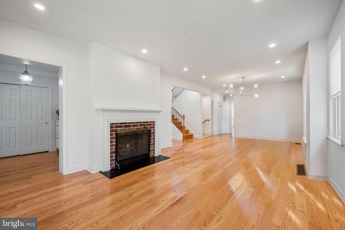 Empty room, Fireplace, Interior, Pendant Lights, Recessed Lighting, Wood Texture Flooring