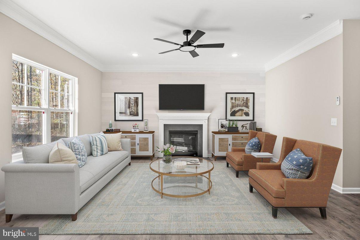 Fireplace, Interior, Living room, Recessed Lighting, Wood Texture Flooring