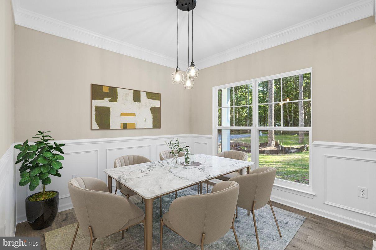 Dining room, Interior, Pendant Lights, Wood Texture Flooring