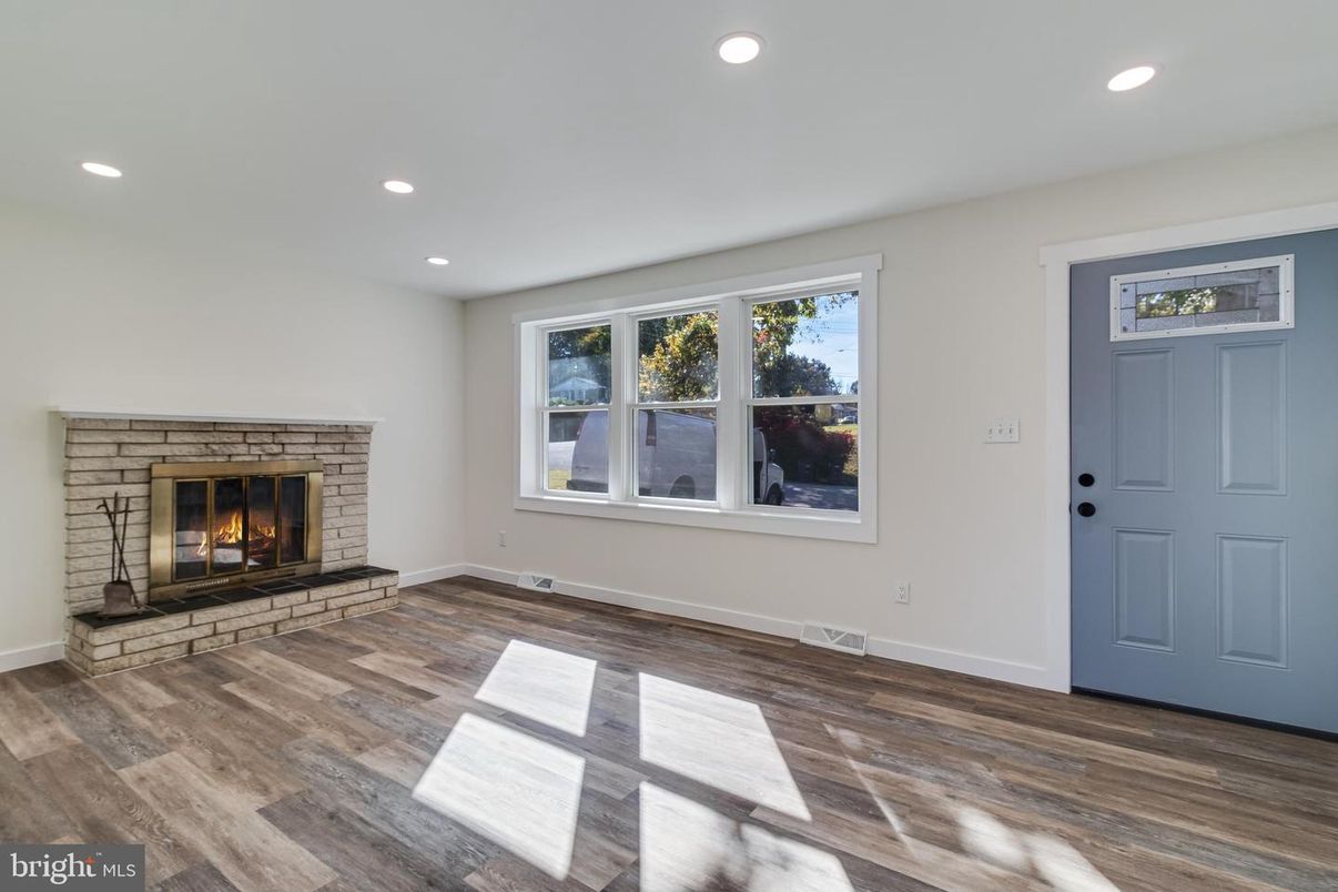 Empty room, Fireplace, Interior, Recessed Lighting, Wood Texture Flooring