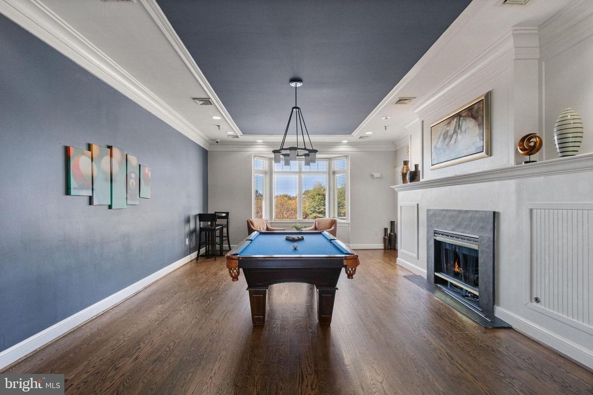 Billiard Table, Fireplace, Game Room, Interior, Pendant Lights, Recessed Lighting, Wood Texture Flooring