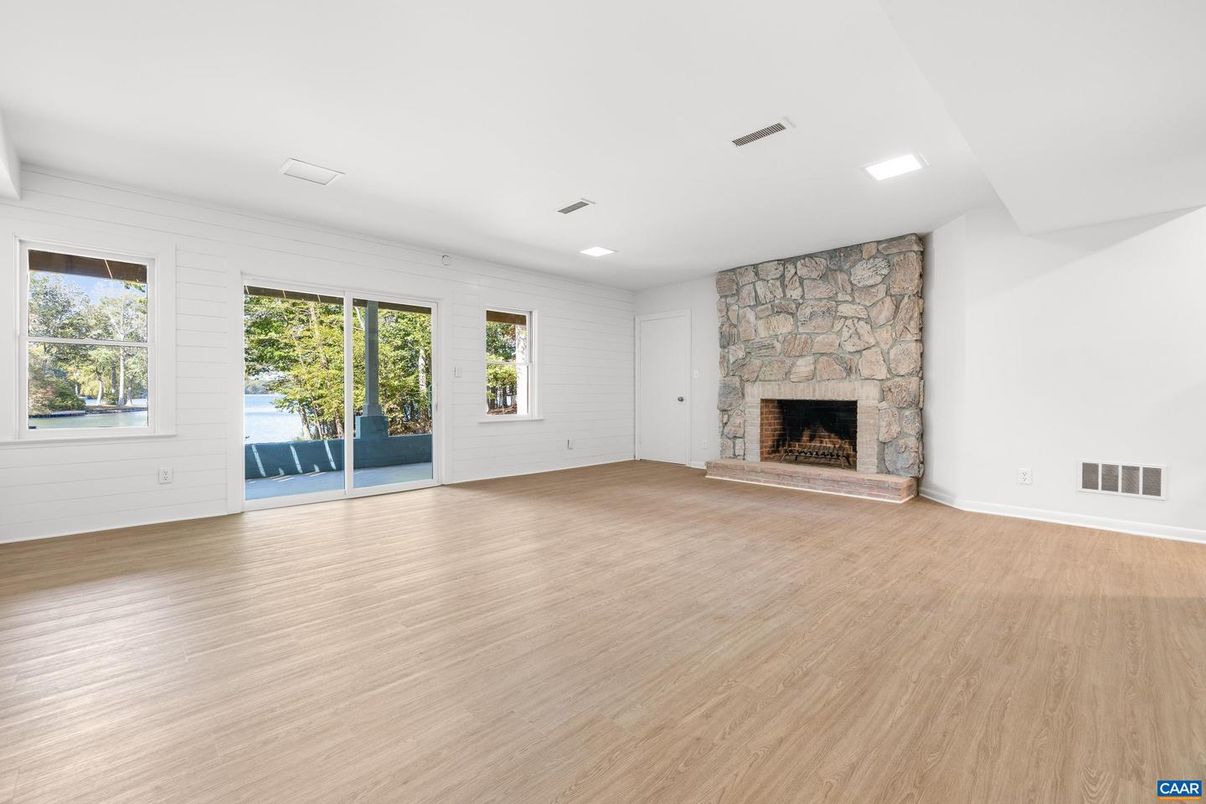 Empty room, Fireplace, Interior, Recessed Lighting, Wood Texture Flooring