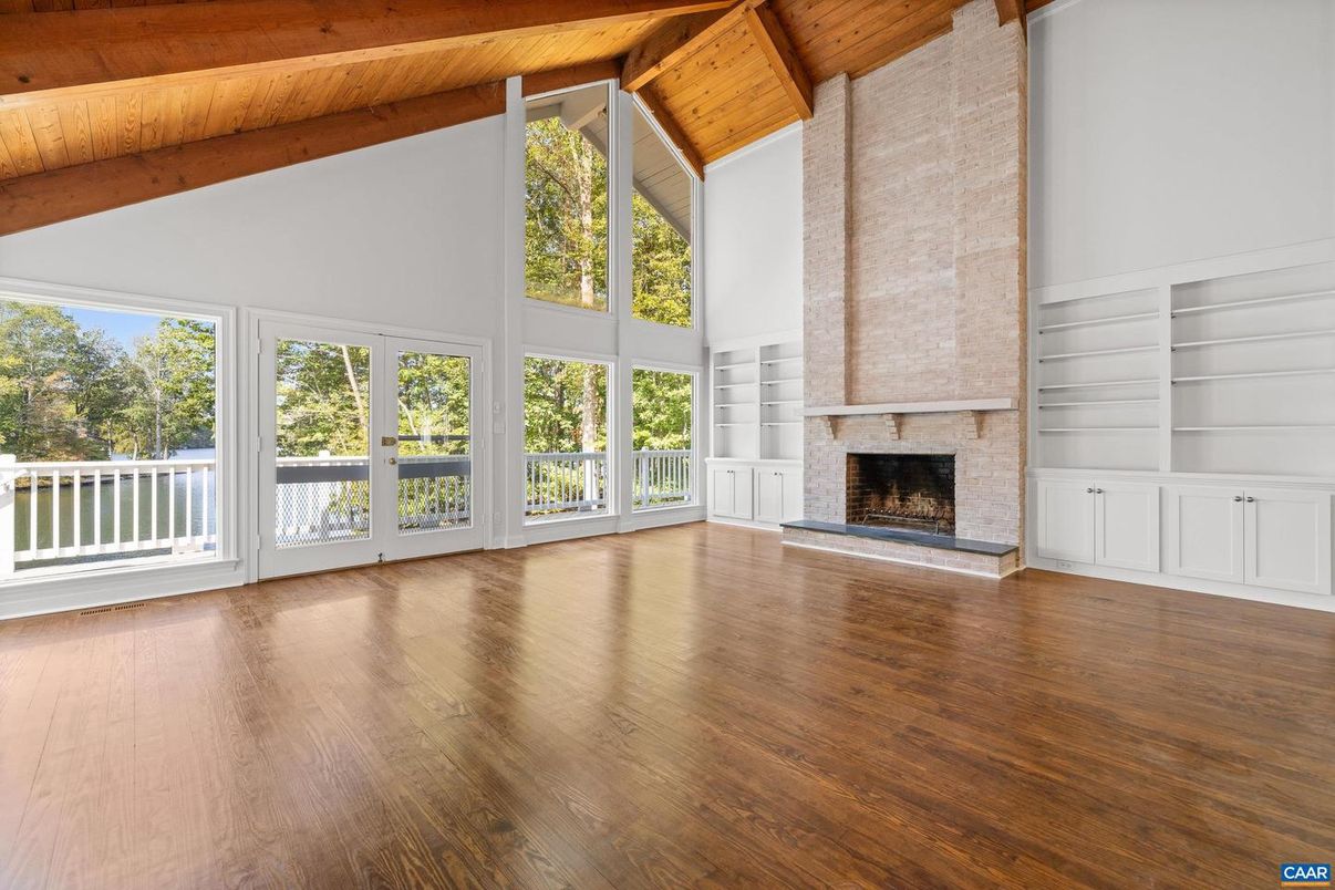 Empty room, Fireplace, Interior, Wooden Beams, Wooden Ceilings, Wood Texture Flooring