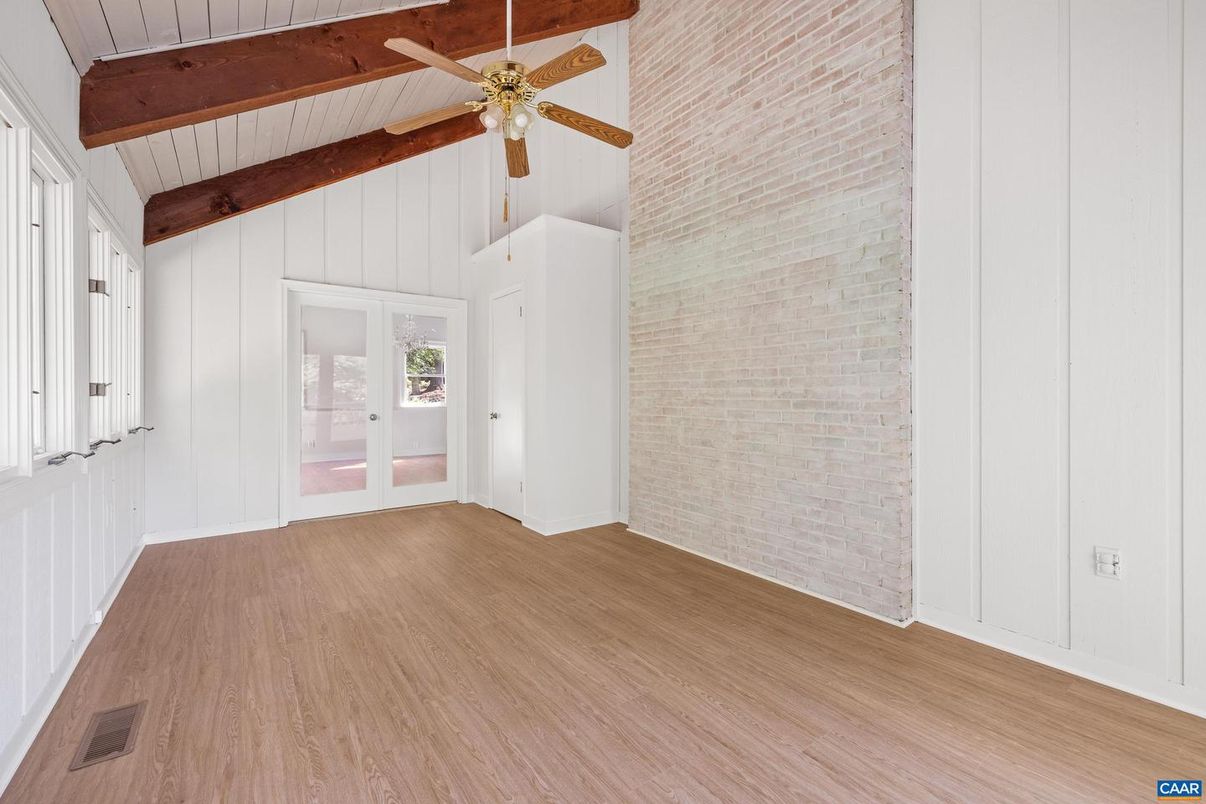 Empty room, Interior, Stone Walls, Wooden Beams, Wood Texture Flooring