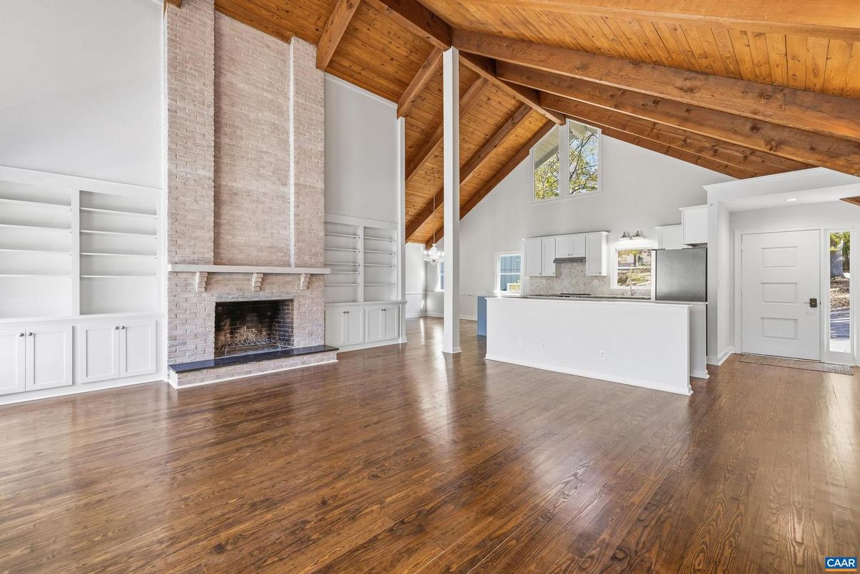 Empty room, Fireplace, Interior, Stone Walls, Wooden Beams, Wooden Ceilings, Wood Texture Flooring