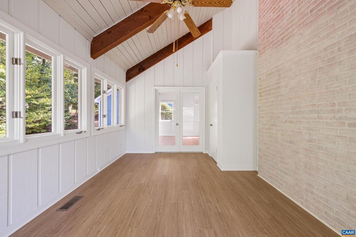 Empty room, Interior, Stone Walls, Wooden Beams, Wood Texture Flooring