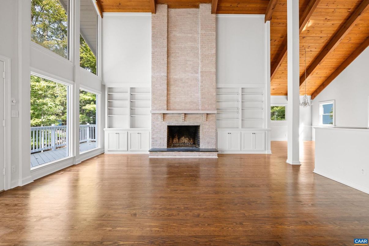 Empty room, Fireplace, Interior, Wooden Beams, Wooden Ceilings, Wood Texture Flooring