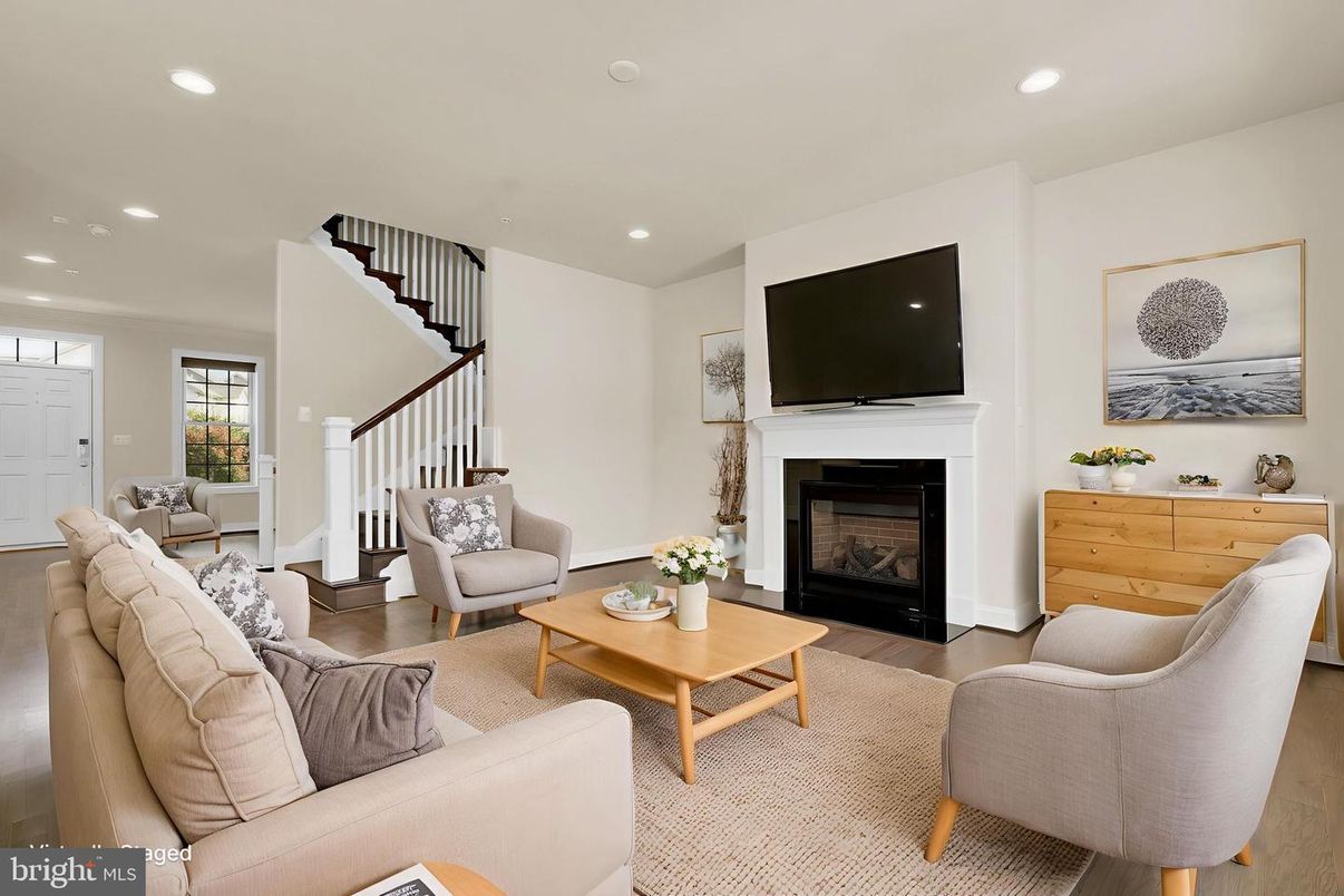 Fireplace, Interior, Living room, Recessed Lighting, Wood Texture Flooring