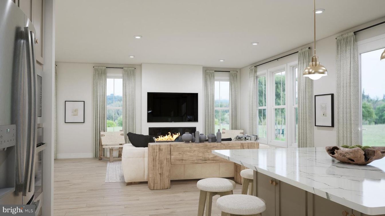 Fireplace, Interior, Kitchen, Living room, Pendant Lights, Recessed Lighting, Wood Texture Flooring