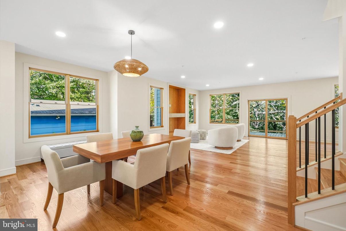 Dining room, Interior, Pendant Lights, Recessed Lighting, Wood Texture Flooring