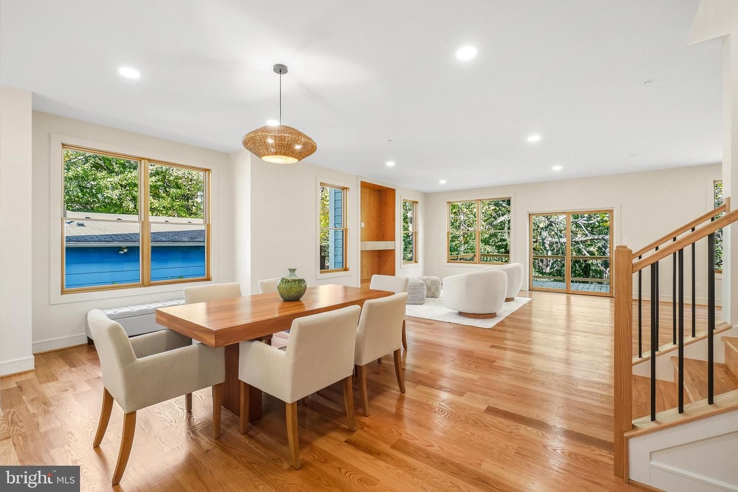 Dining room, Interior, Pendant Lights, Recessed Lighting, Wood Texture Flooring