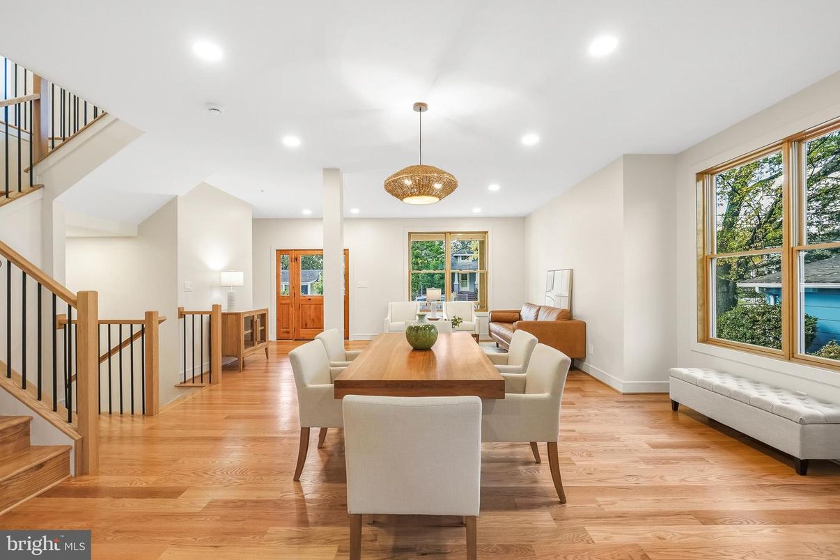 Dining room, Interior, Pendant Lights, Recessed Lighting, Wood Texture Flooring