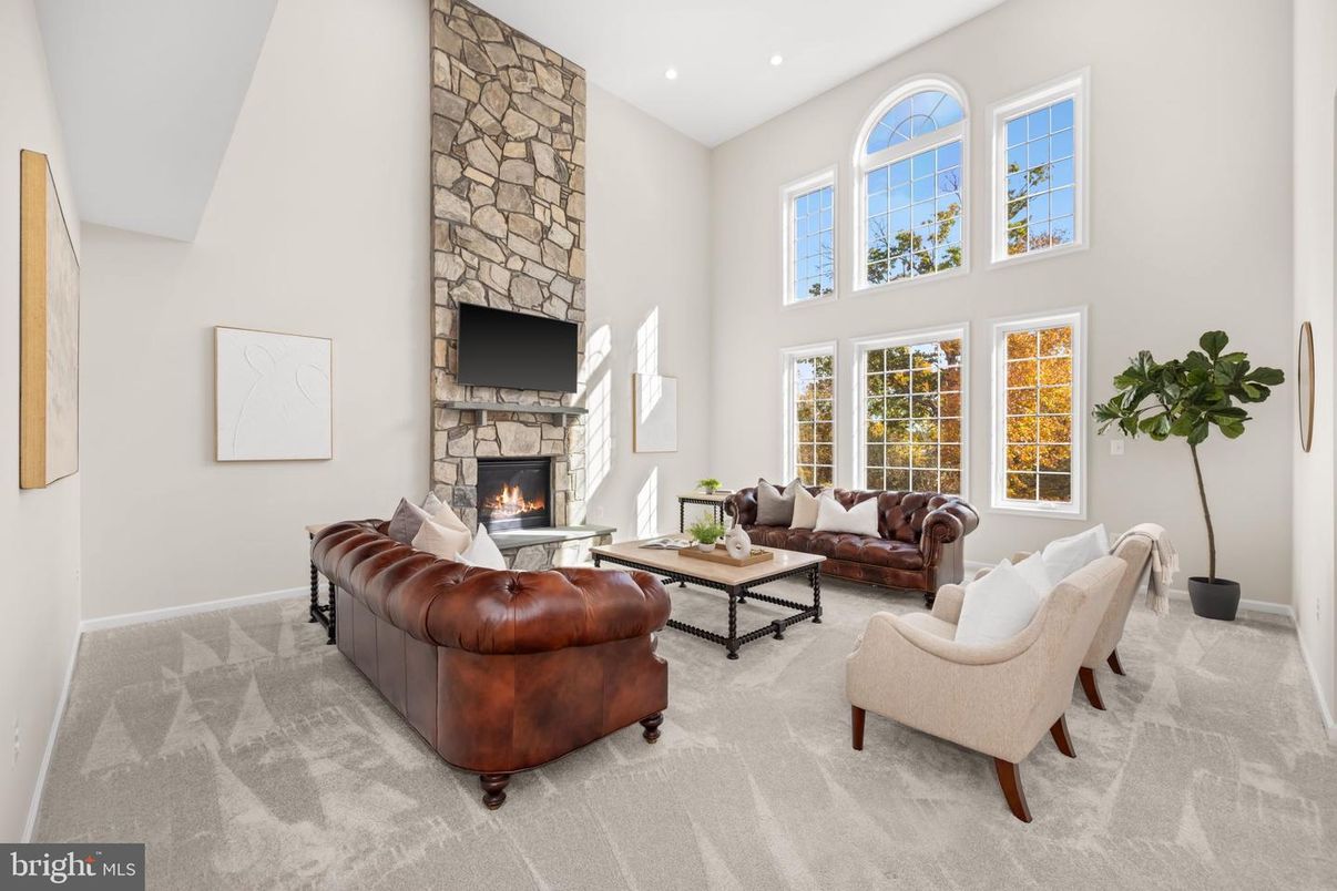 Fireplace, Interior, Living room, Recessed Lighting, Stone Walls