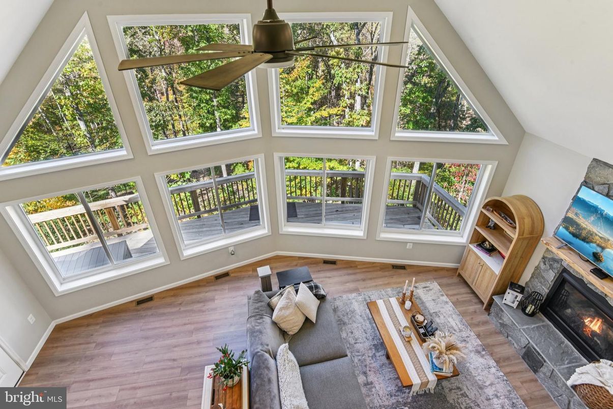 Fireplace, Interior, Living room, Sun Room, Wood Texture Flooring