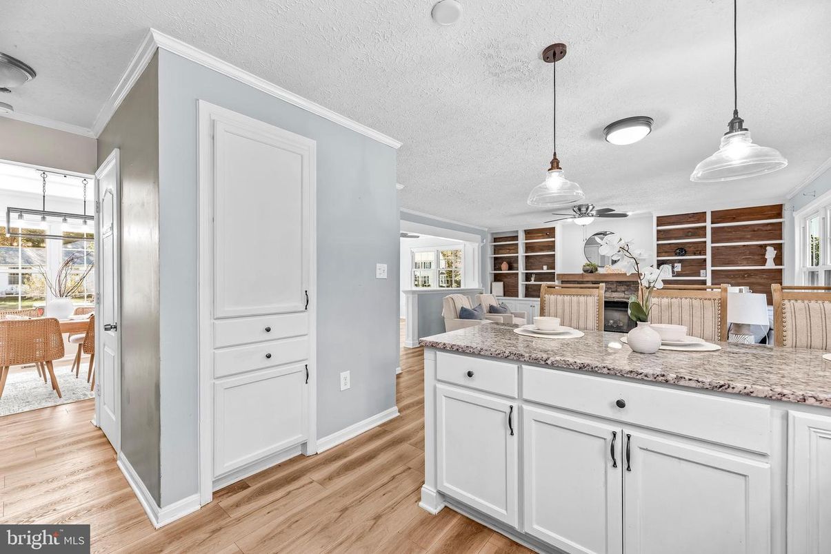 Dining room, Interior, Pendant Lights, Wood Texture Flooring