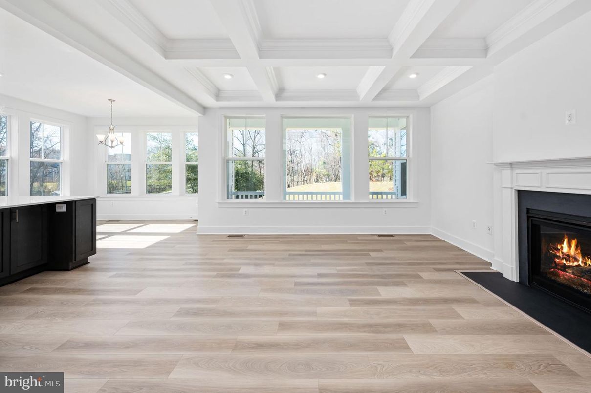 Empty room, Fireplace, Interior, Pendant Lights, Recessed Lighting, Wood Texture Flooring