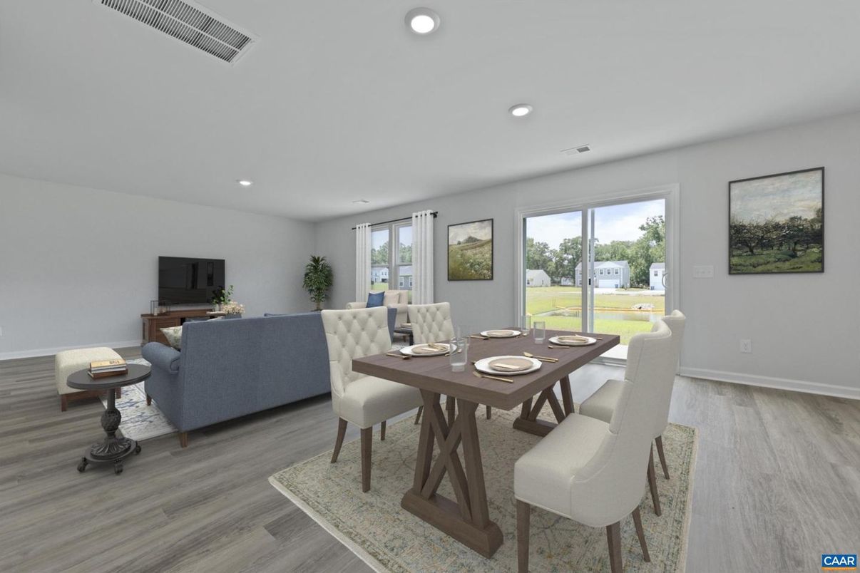 Dining room, Interior, Living room, Recessed Lighting, Wood Texture Flooring