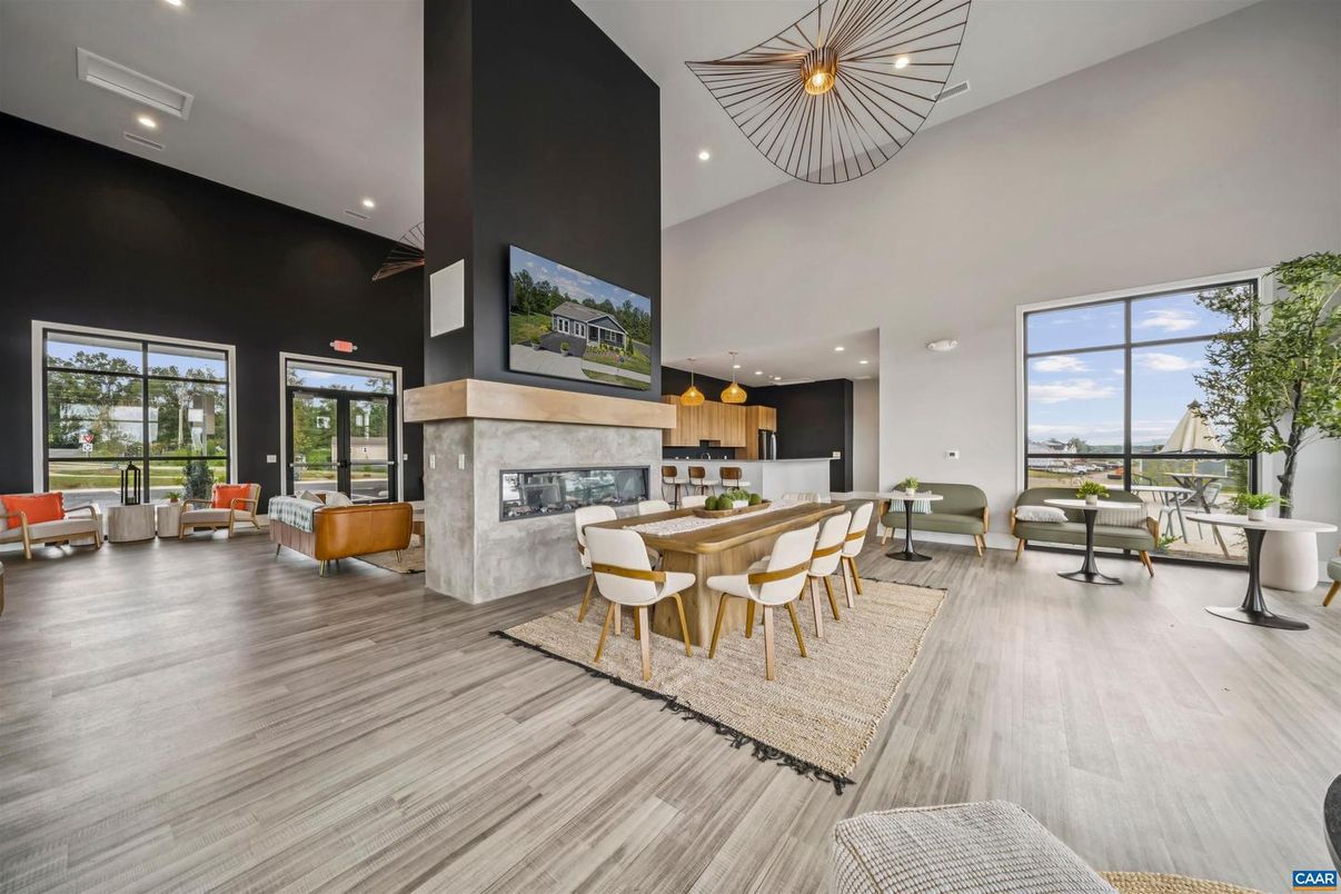 Dining room, Fireplace, Interior, Living room, Pendant Lights, Recessed Lighting, Wood Texture Flooring