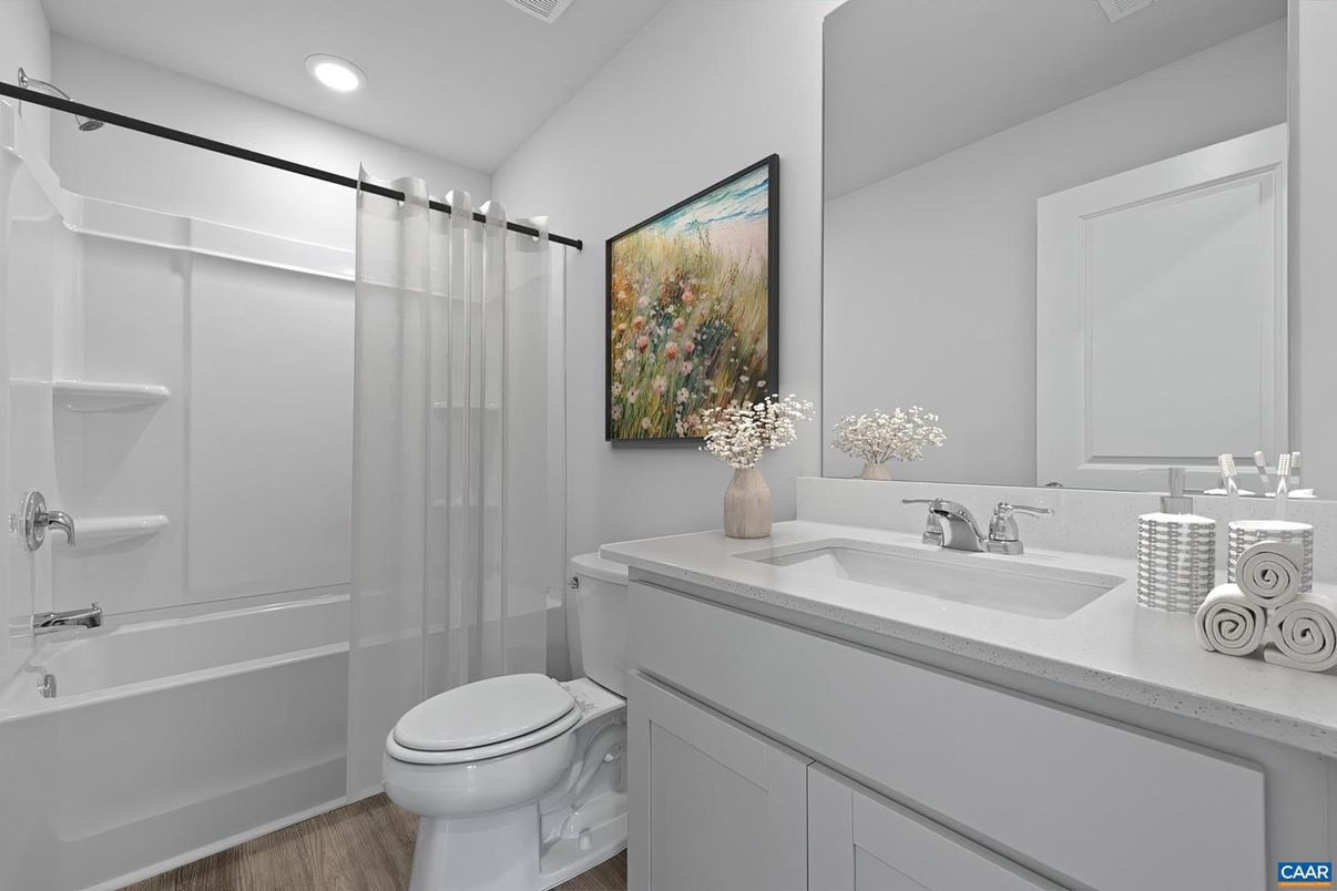 Bathroom, Glass Shower, Interior, Recessed Lighting, Wood Texture Flooring