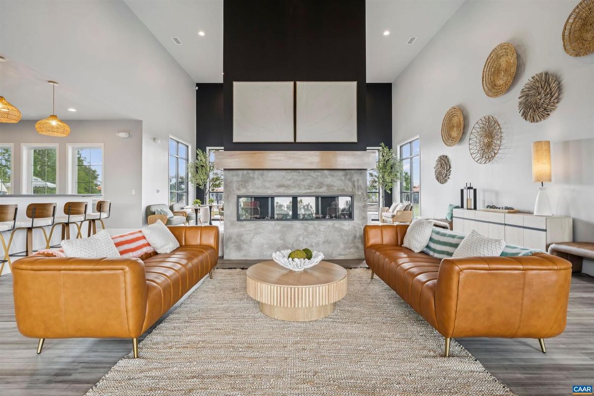 Fireplace, Interior, Living room, Pendant Lights, Recessed Lighting, Wood Texture Flooring