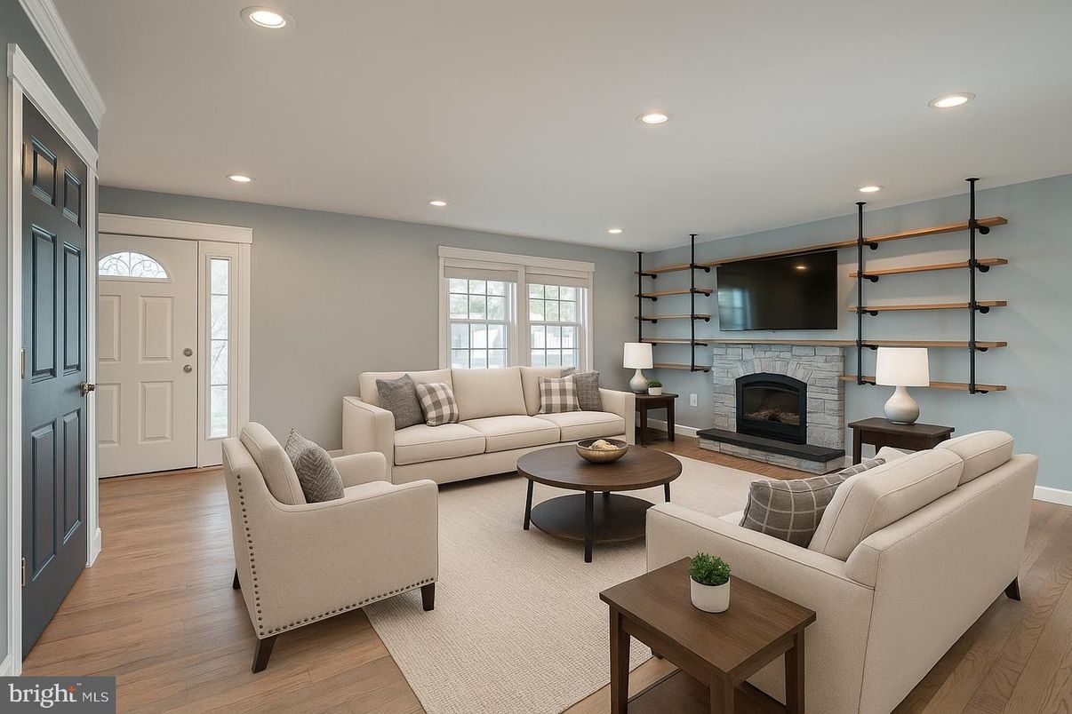 Fireplace, Interior, Living room, Recessed Lighting, Wood Texture Flooring